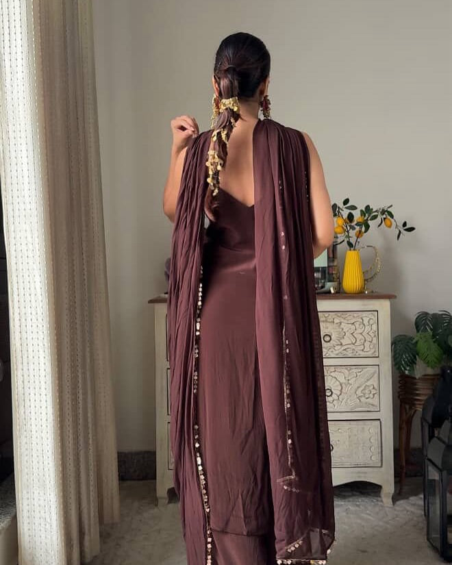 "Noor" - Chocolate Brown Satin Suit Set with Embellished Dupatta