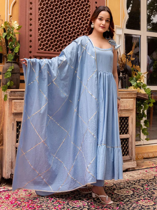 Powder Blue Cotton Suit-3 Piece Set