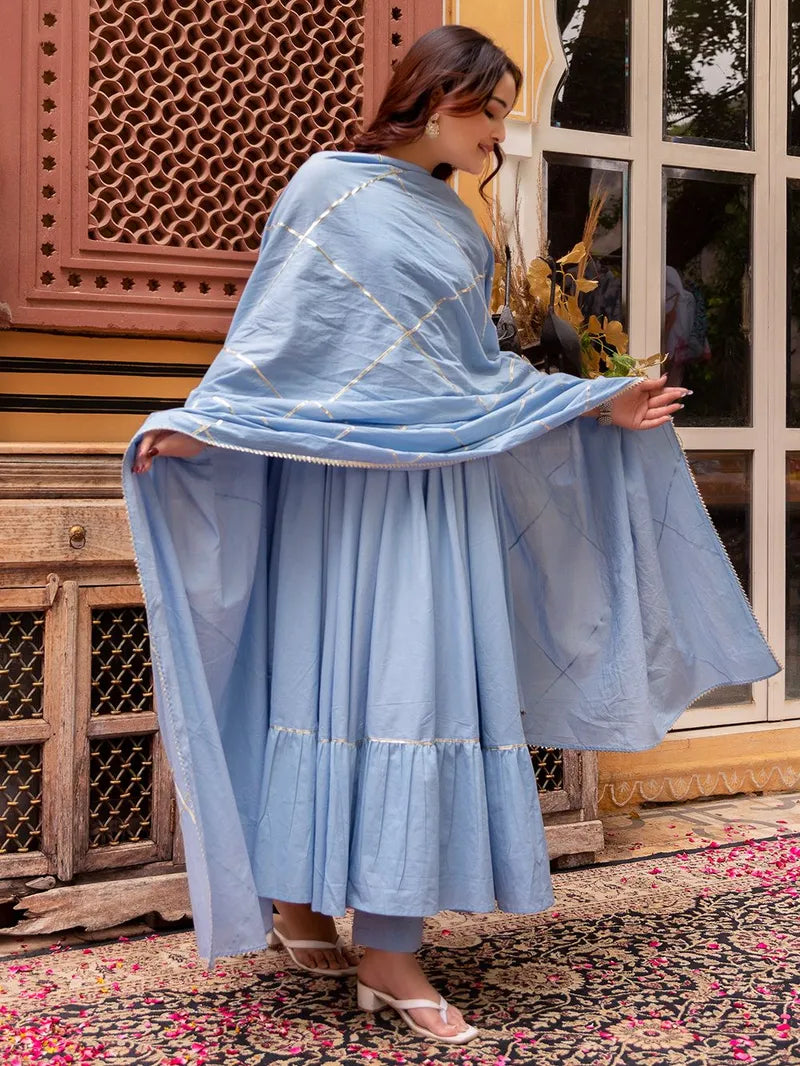 Powder Blue Cotton Suit-3 Piece Set