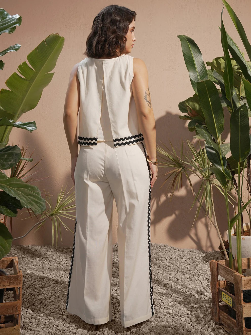 "Shalini" - Modern Sleeveless Cotton Crop Top & Wide Leg Pants Set