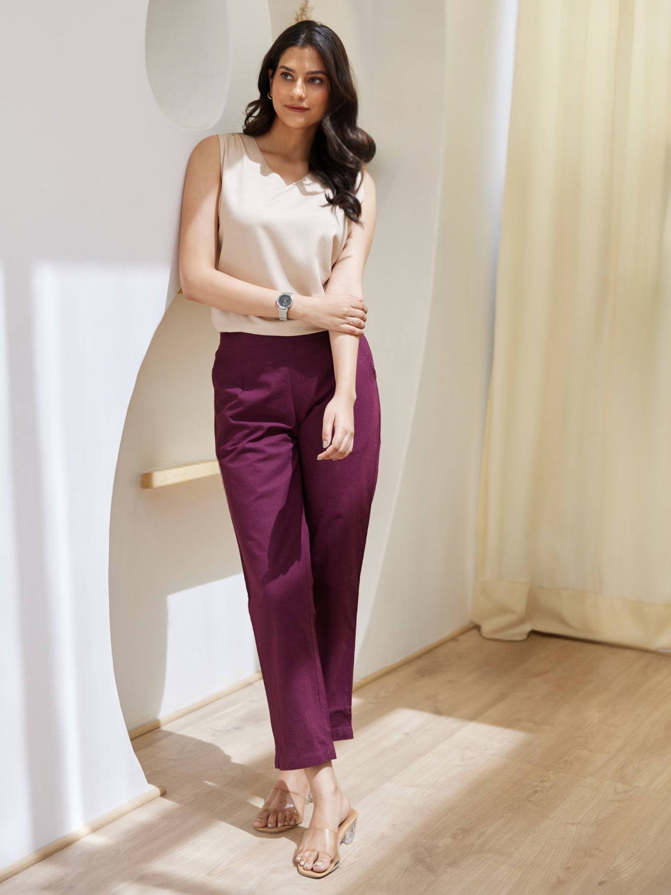 Vedora Luxe: Rich Wine Cotton Pants for Versatile Styling