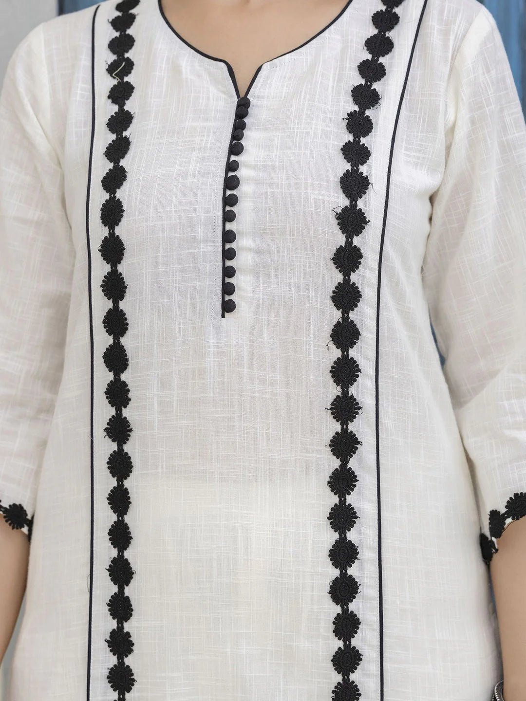 "Imaan" - Pristine Off-White Cotton Slub Straight Kurta & Pants Set with Subtle Detailing